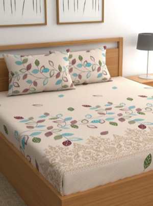 CG HOMES: Beige & Blue Floral Printed Queen Bedsheet