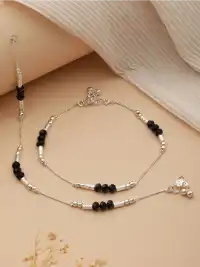 Set Of 2 Silver-Plated Crystal-Studded & Beaded Anklets