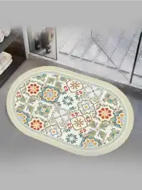 Status Cream & Green Printed 350 GSM Microfiber Bath Rugs