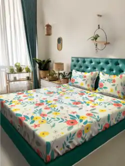 KLOTTHE White & Grey Floral Print 300 TC Fitted Double King Bedsheet