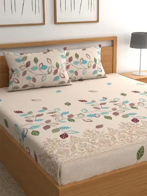 Beige & Blue Floral Printed 180 TC Queen Bedsheet & 2 Pillow Covers