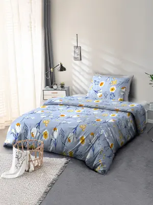 Cortina Blue & Yellow Floral 110 TC Single Bedsheet with 1 Pillow Cover