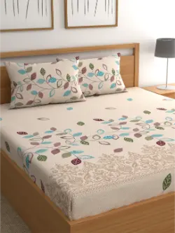 CG HOMES Beige & Blue Floral Printed 180 TC Queen Bedsheet & 2 Pillow Covers