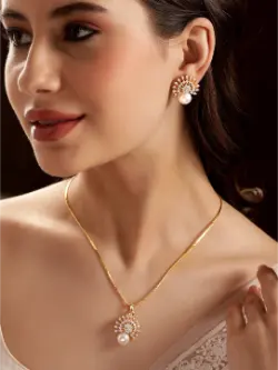22K Gold-Plated Cubic Zirconia and Pearl Studded Necklace Set with Sunburst Design