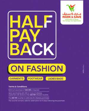 Half Pay Back on Fashion & Footwear | Lifestyle Offer In Mark & Save Dubai,Abu Dhabi,Sharjah / Ajman