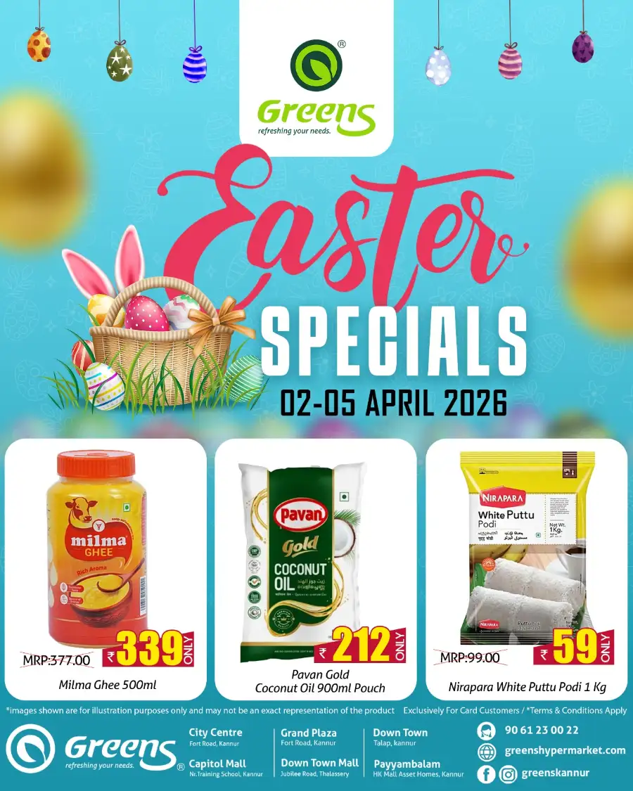 Greens Hypermarket Kannur & Thalassery: Easter Specials & Grocery Offers April 02-05