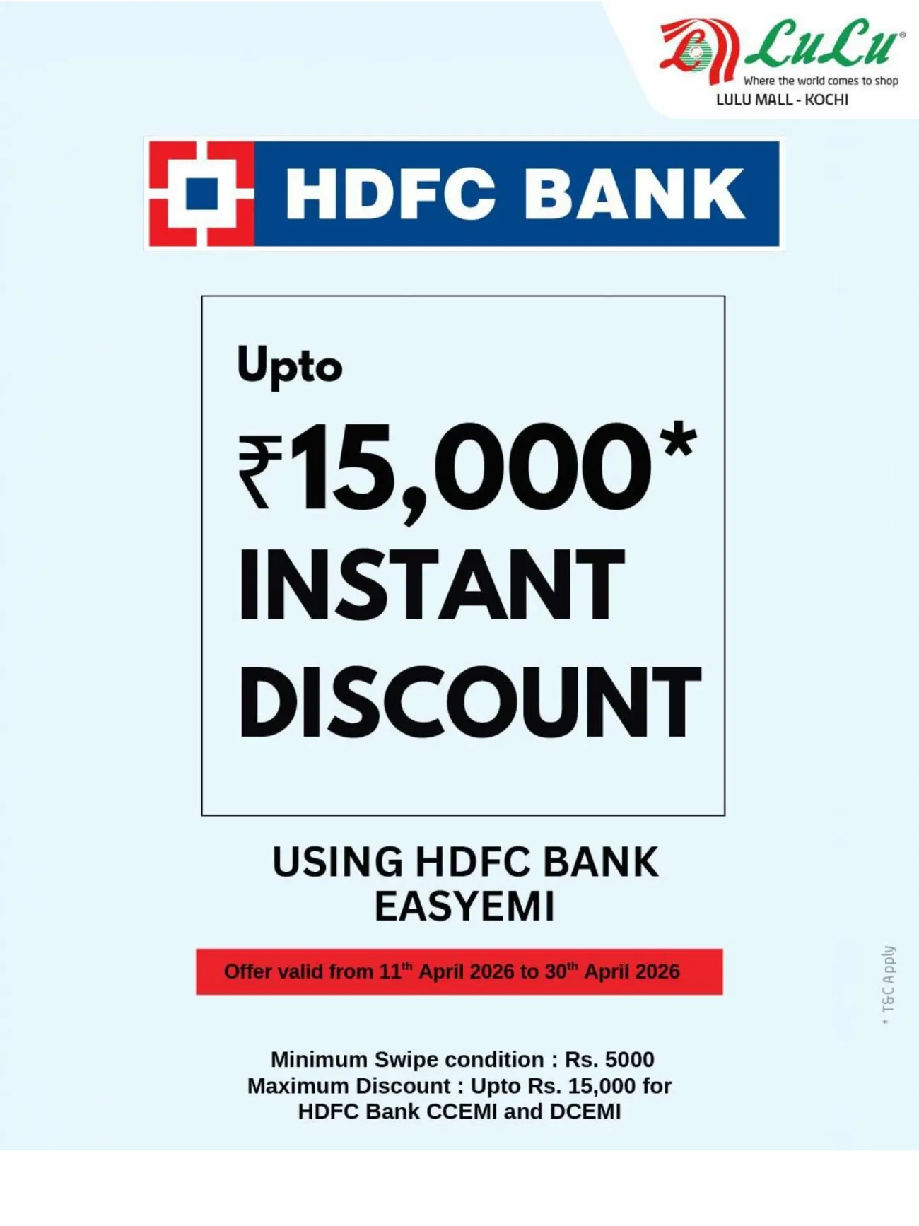 Lulu Mall Kochi HDFC Bank Instant Discount | Ends April 30