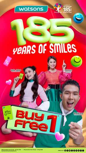 Watsons Malaysia 185 Years Sale: Buy 1 Free 1 flyer cover