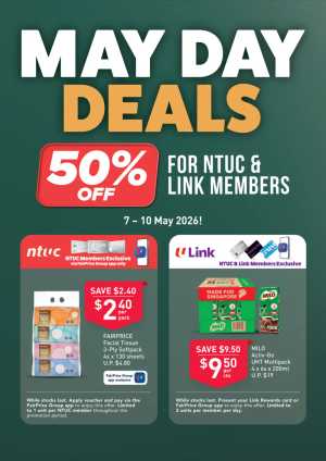 FairPrice Singapore May Day Deals | Up to 50% Off May 2026 flyer cover