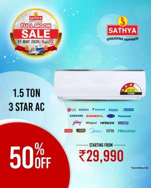Sathya Full Moon Sale 2026 | ACs from ₹29,990 & TVs from ₹5,490 flyer cover