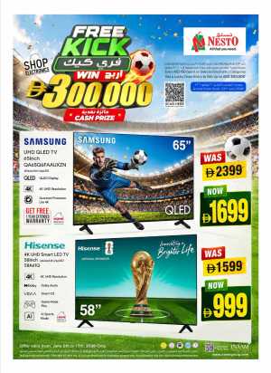 Nesto Free Kick Electronics Sale Huge Discounts on Smart TVs and PS5 Slim flyer cover