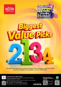 Biggest Value Picks at Nesto Oman | 1 to 4 OMR Deals flyer cover