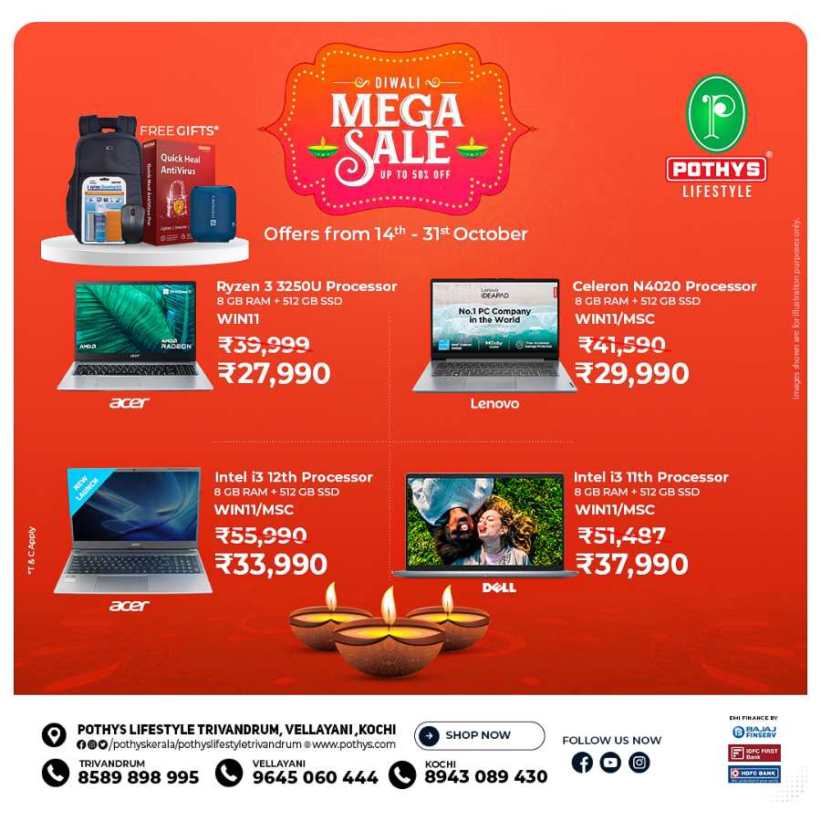 Diwali Exciting Mega Sale on Laptops and Home Appliances In Pothys Superstores Trivandrum