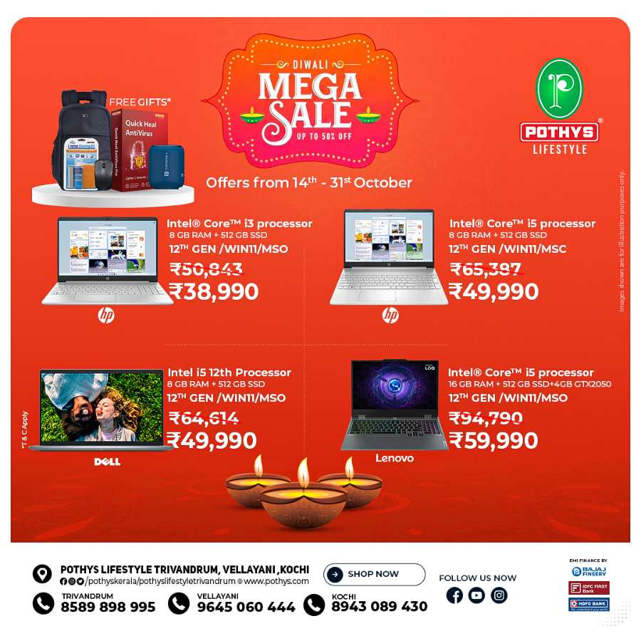 Diwali Exciting Mega Sale on Laptops and Home Appliances In Pothys Superstores Trivandrum