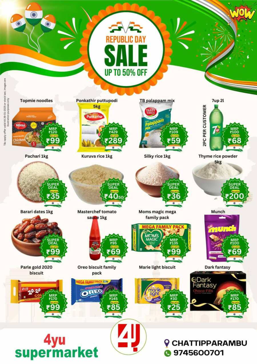 Republic Day Sale | Discount Up to 50% In 4YU Supermarket Malappuram