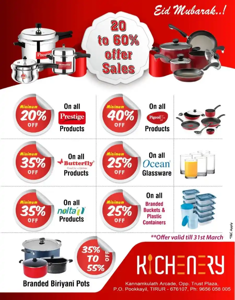 Cookware Sale: 20-60% Discount on Top Brands In Kichenery Malappuram