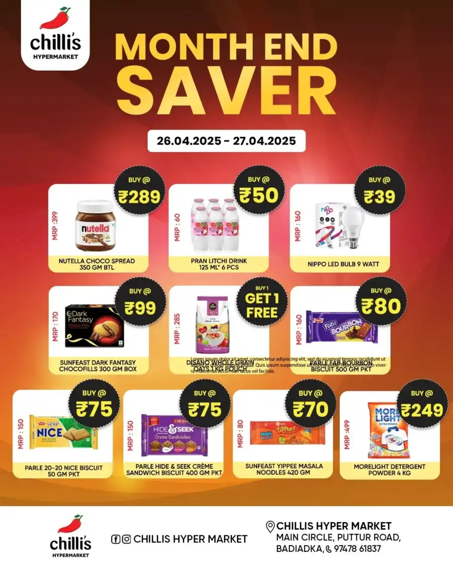 Month-End Saver Grocery & Household Deals! In Chillis Hypermarket Kasaragod