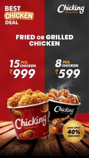 15-Piece Crispy Chicken Bucket - Just ₹999! In Chicking India Ernakulam,Calicut,Malappuram,Kannur,Trivandrum,Kasaragod,Thrissur,Wayanad,Palakkad,Kollam,Idukki,Alappuzha,Kottayam